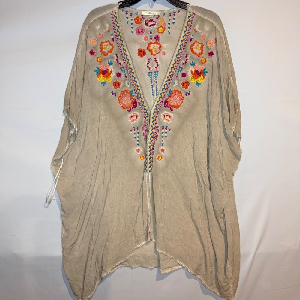 Andree by Unit Womens Floral Embroidered Kimono Cardigan Beige Large Boho Wrap